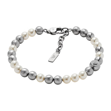 Ανδρικό βραχιόλι Armani EGS3177040 με δίχρωμες χάντρες σε ασημί-άσπρο χρώμα, και κούμπωμα ανοξείδωτο ατσάλι.